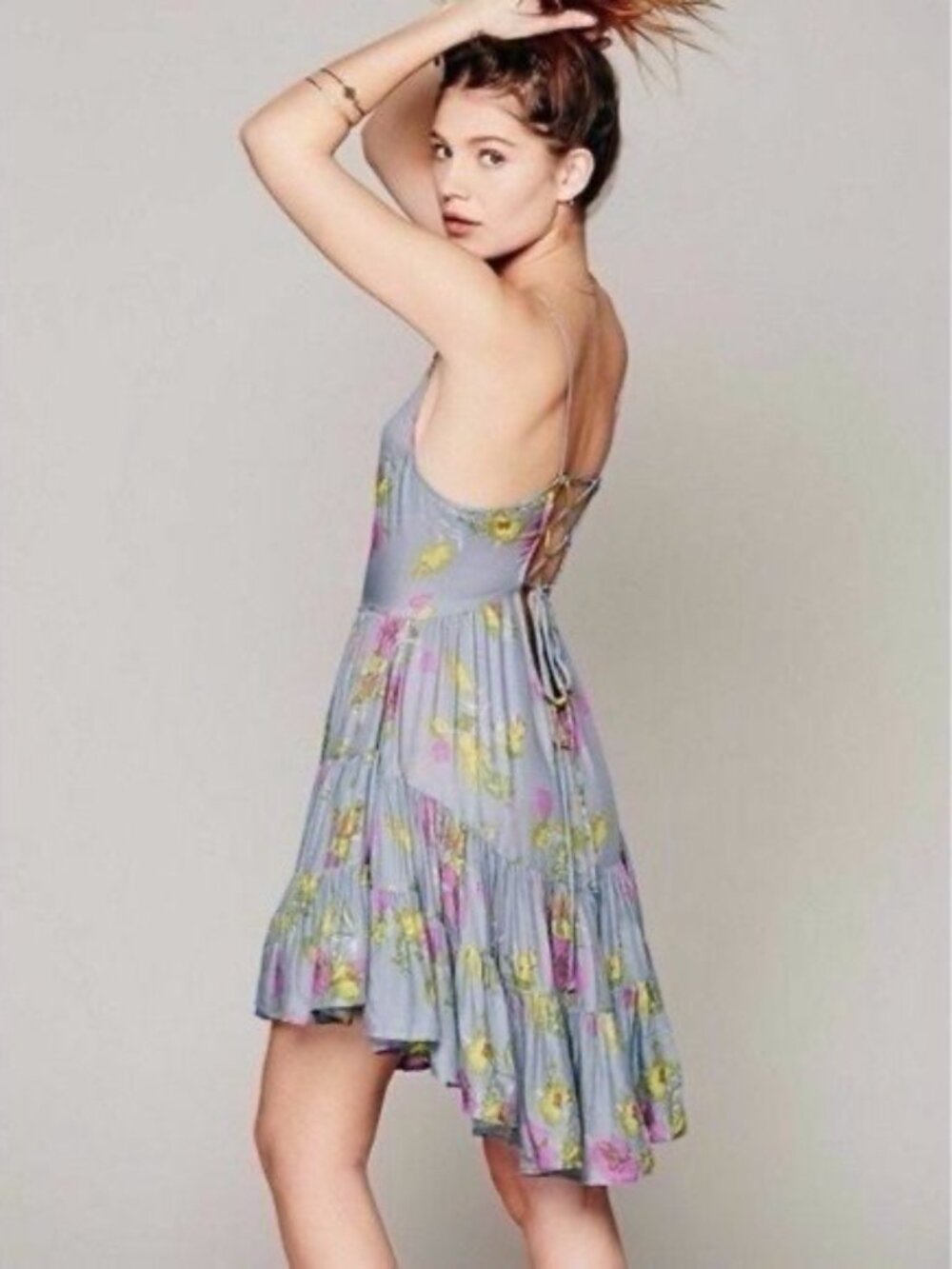 Free People Floral Strappy Lace Up Back Ruffle Hem Mini Dress S| Balletcore Boho - Picture 12 of 16